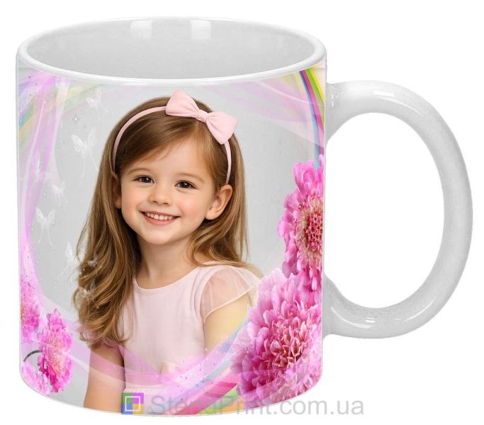 Чашка з фото хризантеми та вуаль зі своїм фото замовити
