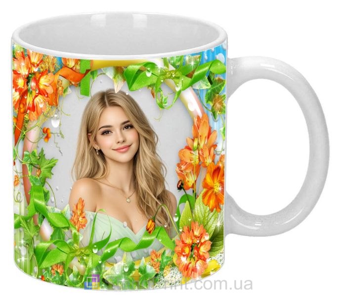 Чашка з фото яскраві літні квіти та зелені пелюстки — персональний дизайн, замовити онлайн