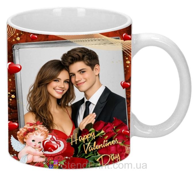 Чашка с фото ко Дню влюблённых с розами и сердцами персональный подарок заказать