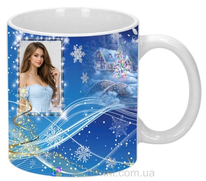 Кружка з фото зимовий подарунок для дівчини новорічна фотокружка зі сніжинками