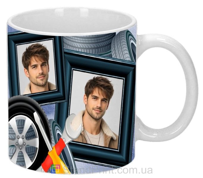 Кружка з фото в авто стилі з колесом та інструментами — персональний подарунок автолюбителю, замовити