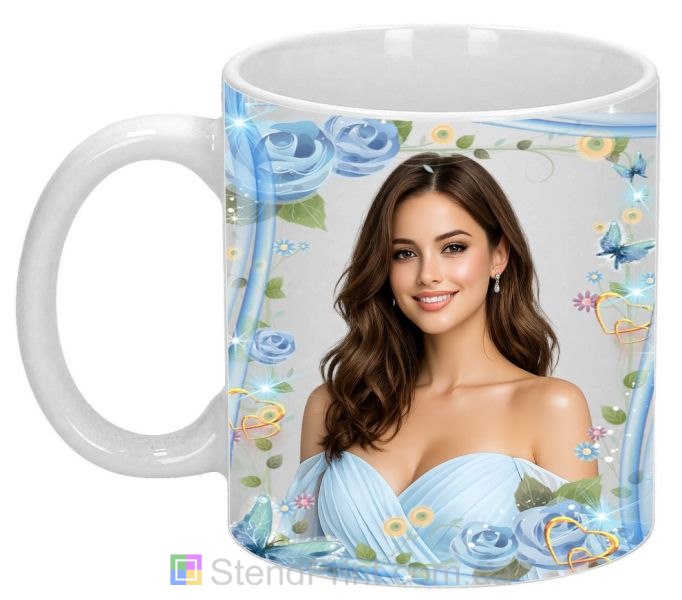 Горнятко з фото для коханої з блакитними трояндами та метеликами ніжний подарунок замовити