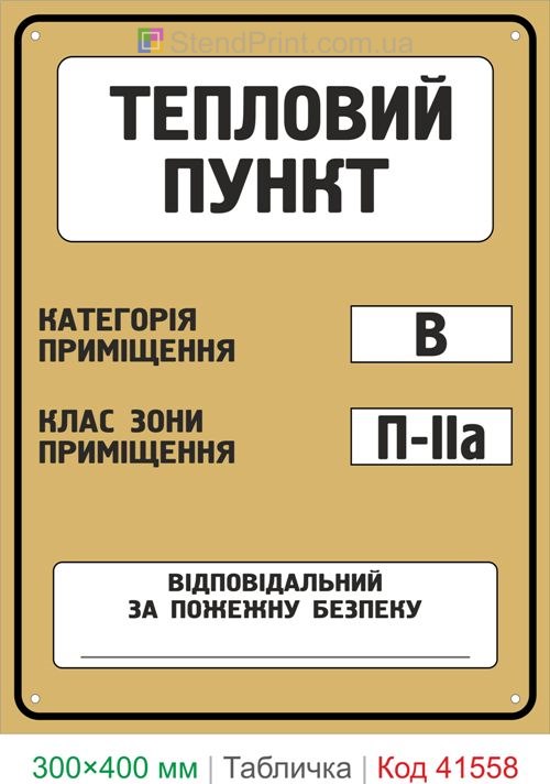 Табличка тепловий пункт категорія В клас П-IIа купити для підприємства та ЖКГ