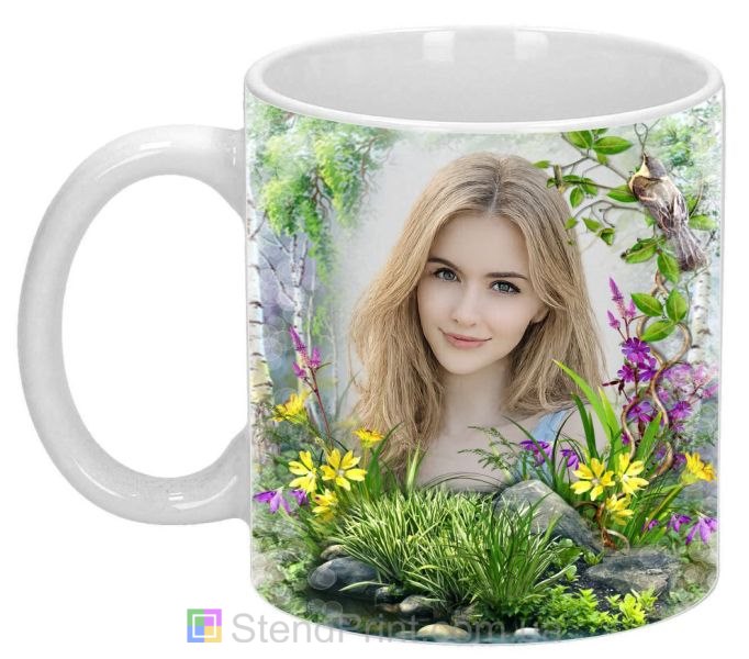 Чашка з фото квітковий колаж і березовий гай природа замовити