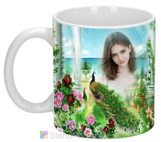 Кружка с фото цветочная терраса павлины морской пейзаж заказать