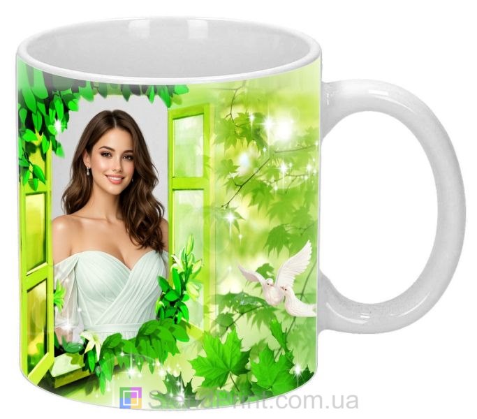 Горнятко з фото із зеленим колажем та голубами ніжний природний дизайн персональний подарунок замовити онлайн