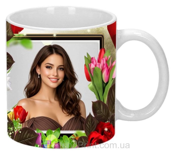 Кружка с фото для девушки с тюльпанами и розами заказать подарок