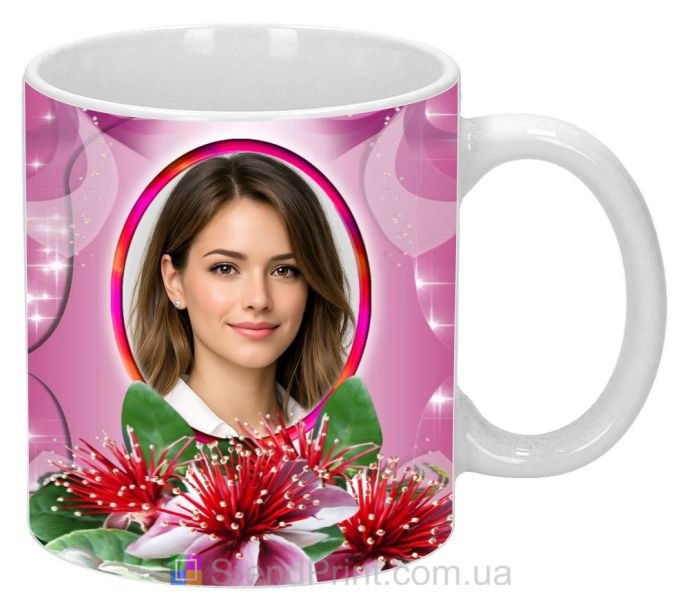 Чашка с фото для девушки с красными цветами заказать подарок