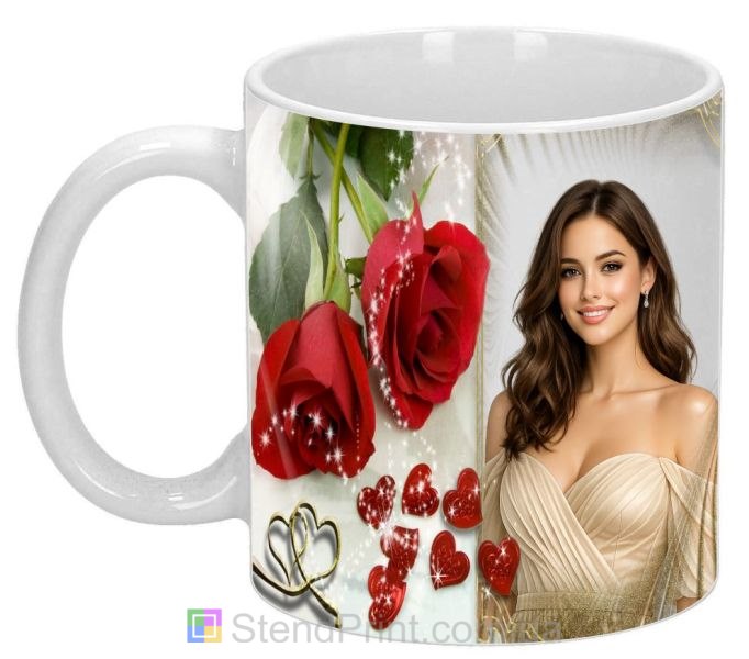 Горнятко з фото з червоними трояндами та сердечками подарунок коханій замовити