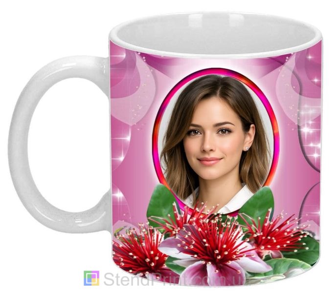 Чашка с фото для девушки с красными цветами заказать подарок