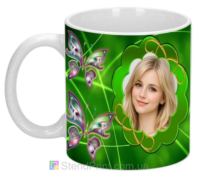 Кружка з фото для дівчини — зелений дизайн із метеликами, подарунок, замовити