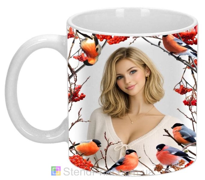 Чашка с фото зима рябина и снегири персональная печать фото на чашке