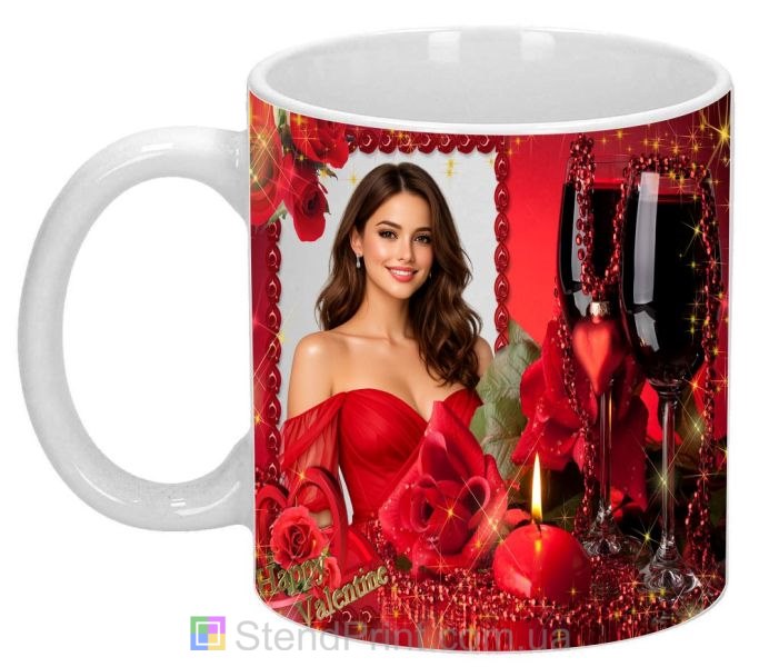 Кружка с фото Happy Valentine с розами и бокалами