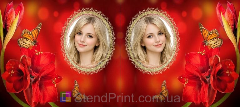 Кружка с фото для девушки с красными цветами и бабочками заказать