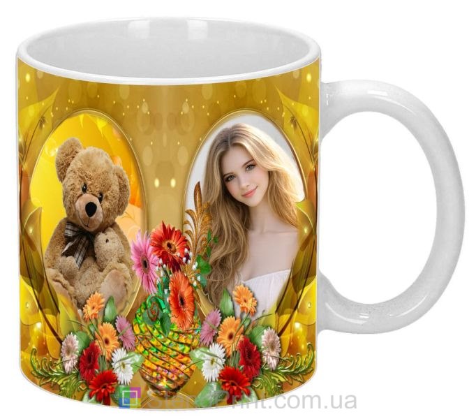 Кружка с фото в золотом коллаже с мишкой и цветами яркий персональный подарок заказать