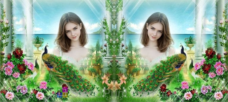 Кружка с фото цветочная терраса павлины морской пейзаж заказать