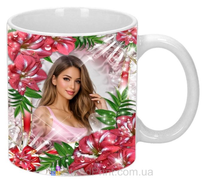 Чашка с фото с багряными лилиями и зелёным декором персональный цветочный дизайн