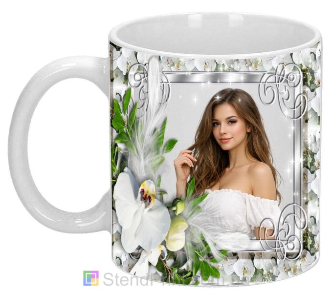 Кружка з фото білі орхідеї та пір’я ніжний подарунок замовити