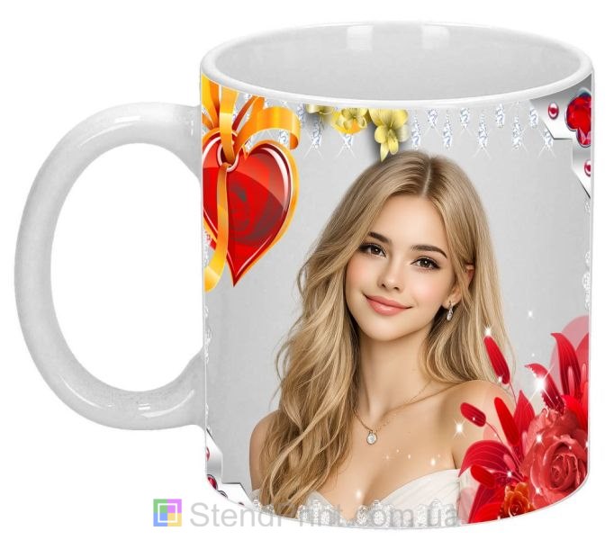Горнятко з фото для коханої з серцем та квітами романтичний подарунок замовити