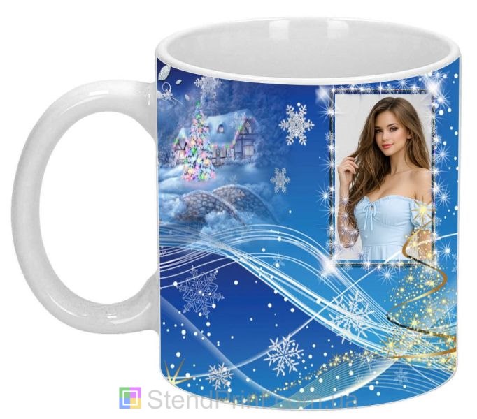 Кружка з фото зимовий подарунок для дівчини новорічна фотокружка зі сніжинками