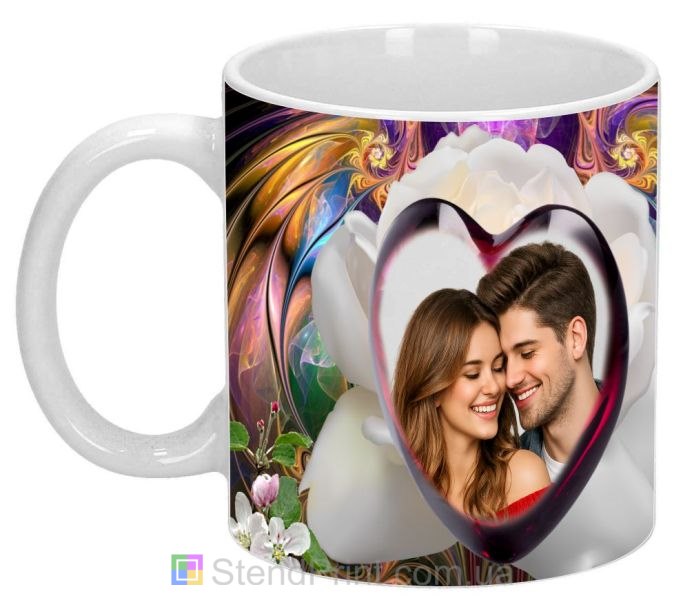 Кружка с фото в сердечной рамке с белой розой романтичный персональный подарок заказать