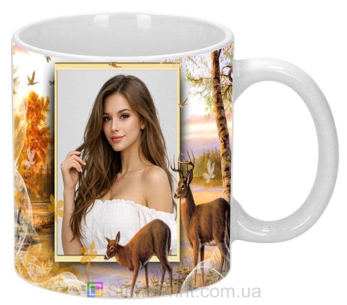 Чашка з фото осінній пейзаж з оленями — іменний фотодрук на чашці