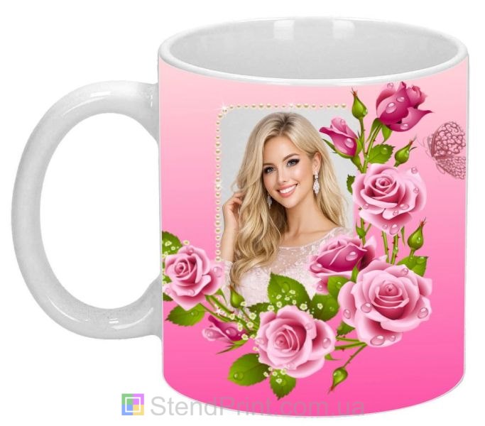 Чашка с фото для девушки с розовыми розами заказать подарок