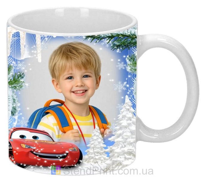 Дитяча чашка з фото зимовий дизайн ялини та машина