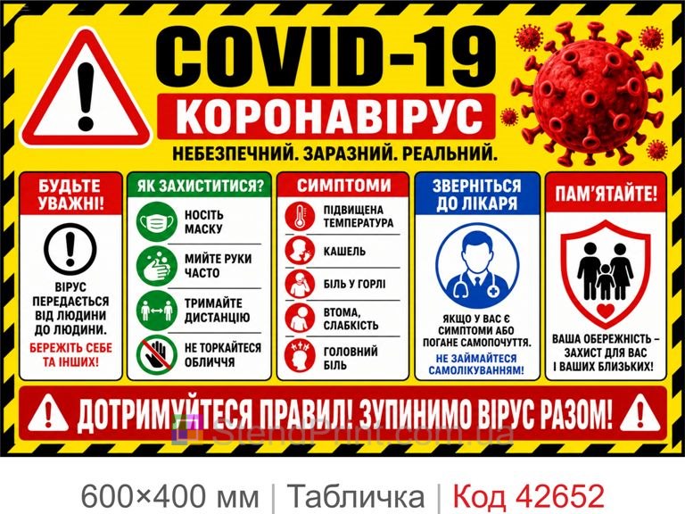 Табличка COVID-19 коронавірус санітарна безпека для школи лікарні Код-42652