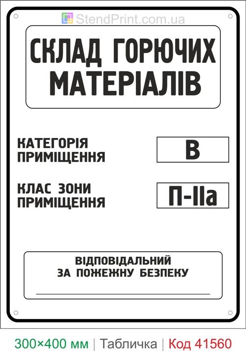 Табличка склад горючих матеріалів категорія В клас П-IIа купити для складу