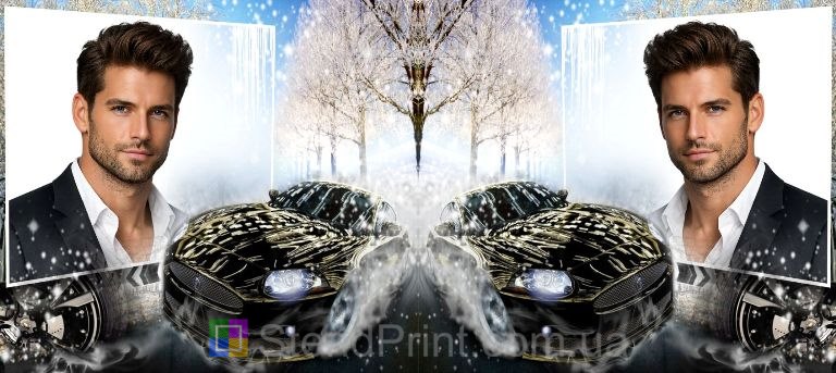 Кружка с фото на подарок мужчине со спортивным авто на зимнем фоне