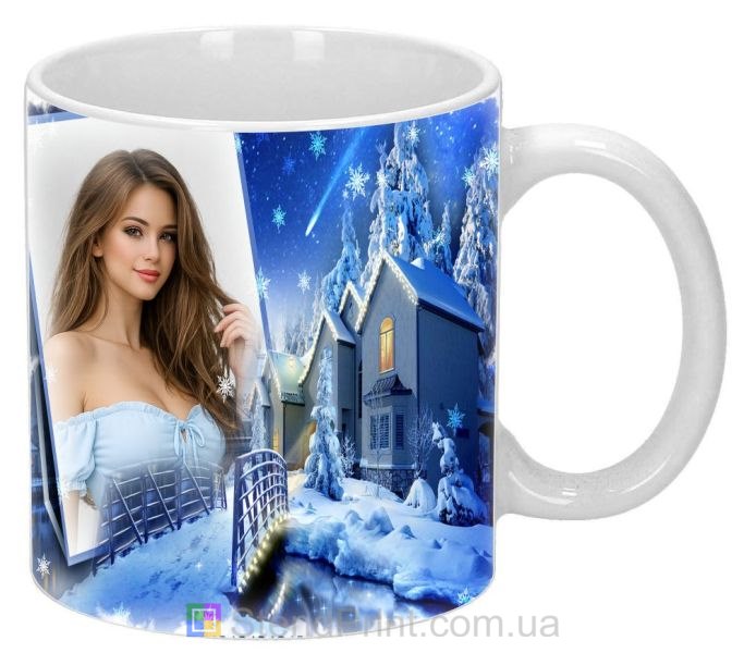 Кружка с вашим фото на подарок на фоне ночного зимнего вечера и заснеженных домов Код-40210