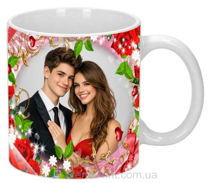 Чашка с фото для пары с розами романтический подарок влюблённым заказать