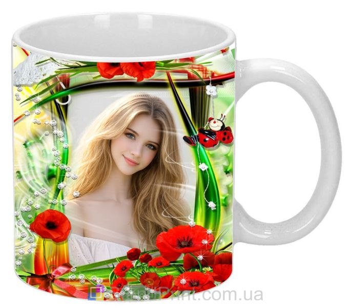 Кружка з фото червоні маки та коштовності персональний подарунок замовити