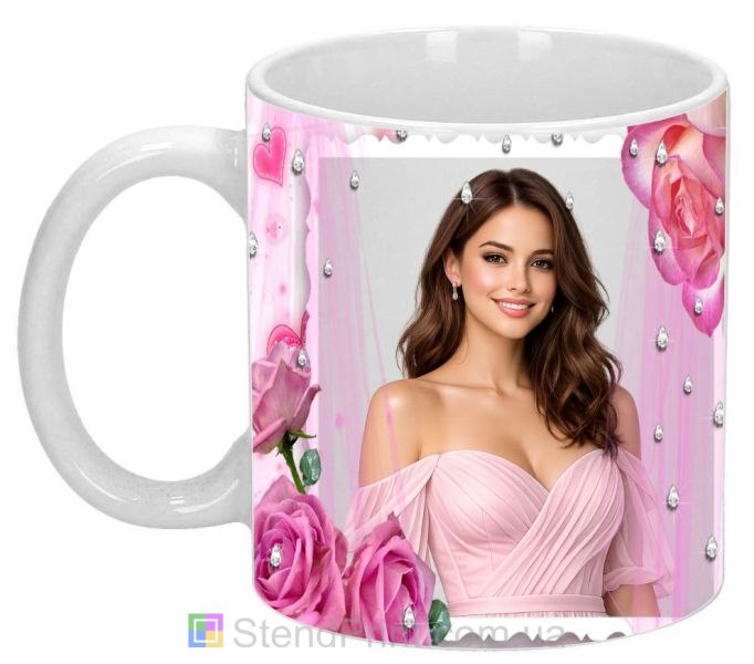 Ніжне горнятко з фото для коханої з рожевими трояндами купити романтичний подарунок