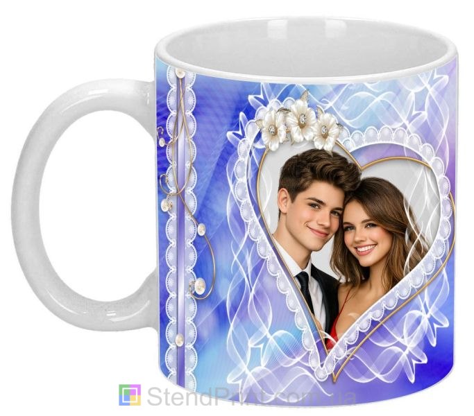 Чашка с фото в кружевном сердце нежный романтичный подарок с цветами заказать