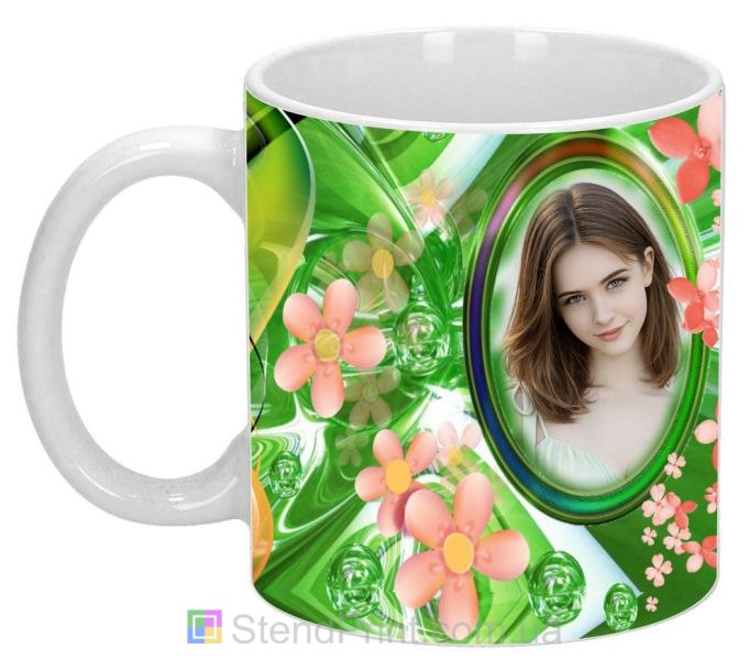 Кружка с фото для девушки цветочный зелёный дизайн подарок заказать
