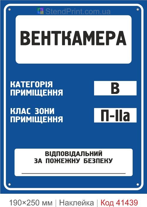 Венткамера В П-IIa наклейка категорія приміщення клас зони