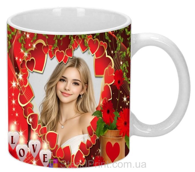 Горнятко з фото з серцями та написом LOVE романтичний яскравий подарунок замовити