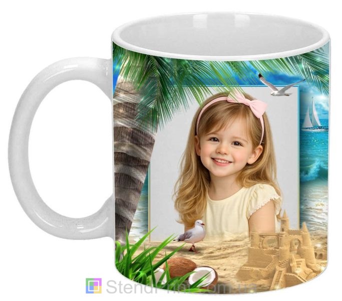 Чашка з фото морське узбережжя, піщаний замок, пальма — замовити