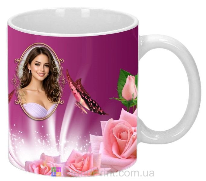 Кружка с фото для девушки с розами и бабочкой заказать подарок