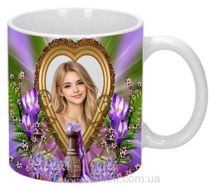 Кружка с фото в золотой рамке с фиолетовыми цветами романтичный персональный подарок заказать