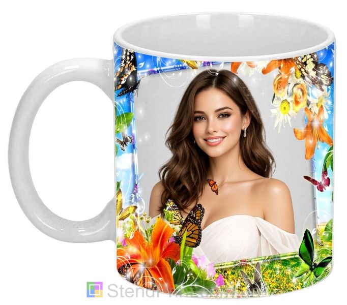 Кружка с фото для девушки яркий цветочный дизайн с бабочками заказать