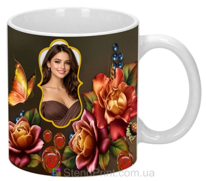 Чашка з фото для дівчини з квітами та метеликом красивий подарунок замовити