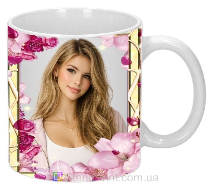 Чашка з фото у рожевому квітковому дизайні замовити