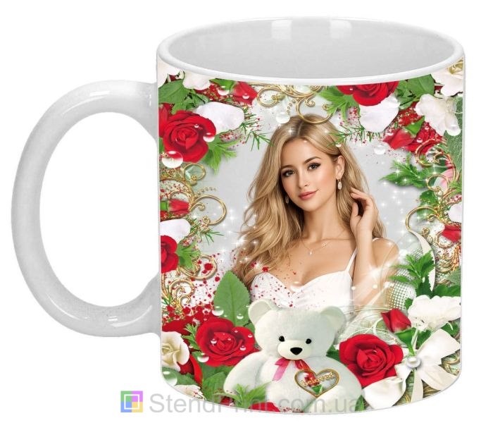Кружка з фото червоні та білі троянди ведмедик подарунок замовити