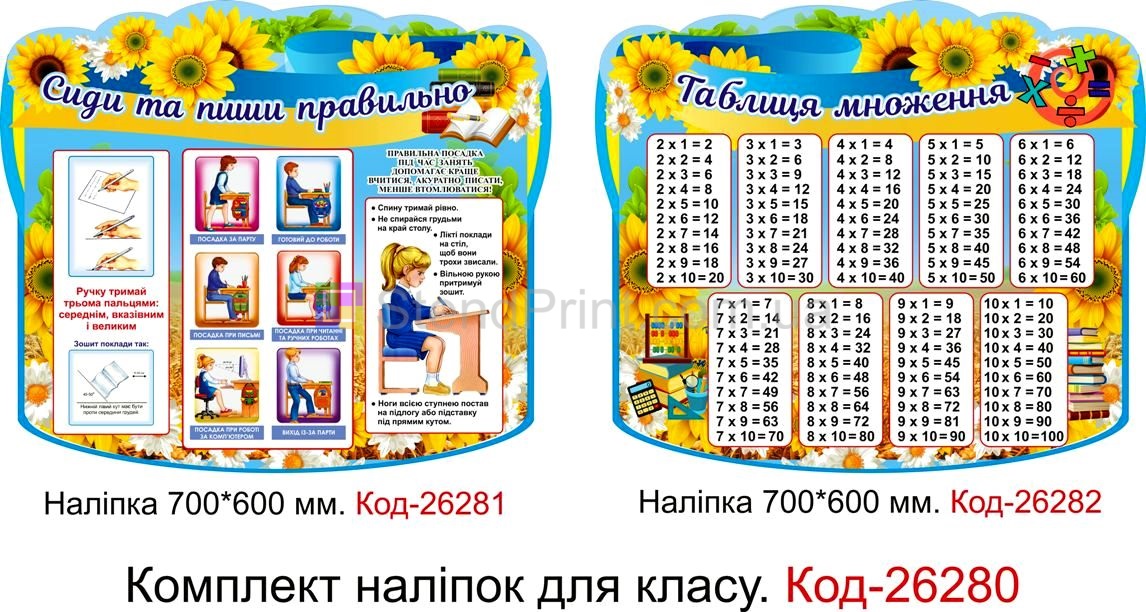 Комплект наліпок самоклеючих наклейок для класу "Сиди, пиши правильно та таблиця множення" Код-26280