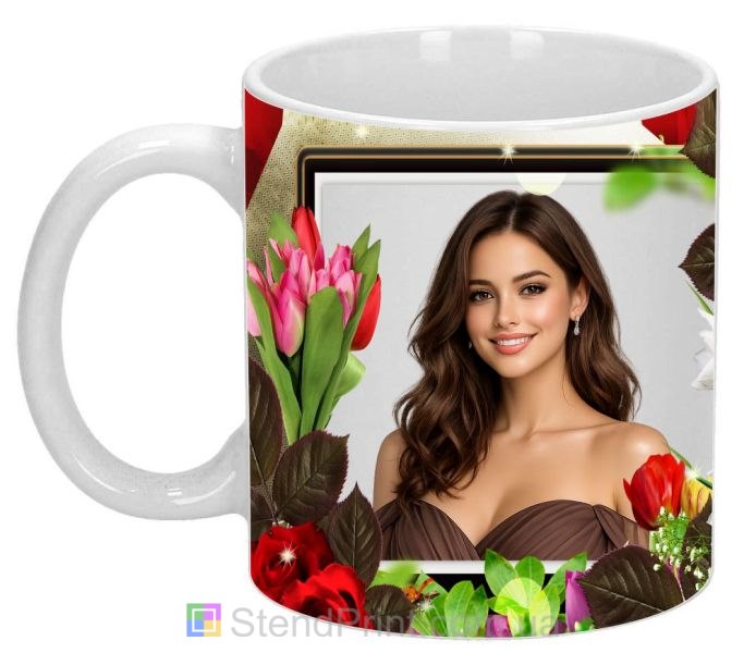 Кружка с фото для девушки с тюльпанами и розами заказать подарок