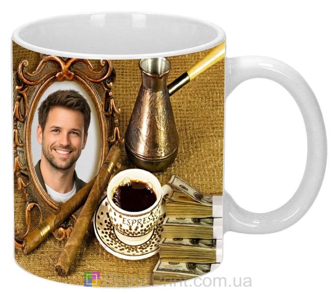 Чашка с фото с кофе и сигарами персональный подарок мужчине в стильном коллаже заказать
