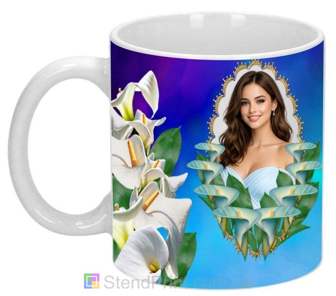 Кружка з фото для дівчини з білими каллами красивий подарунок замовити